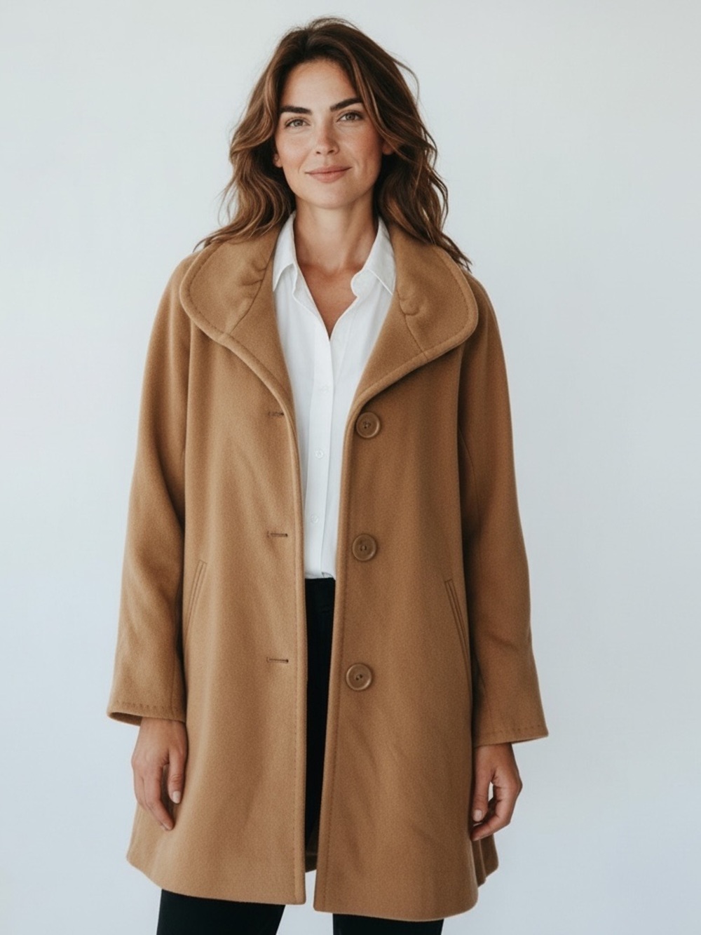 Ellen Tracy Angora Wool Swing Coat Womens 6P Petite Light Camel Shawl Collar